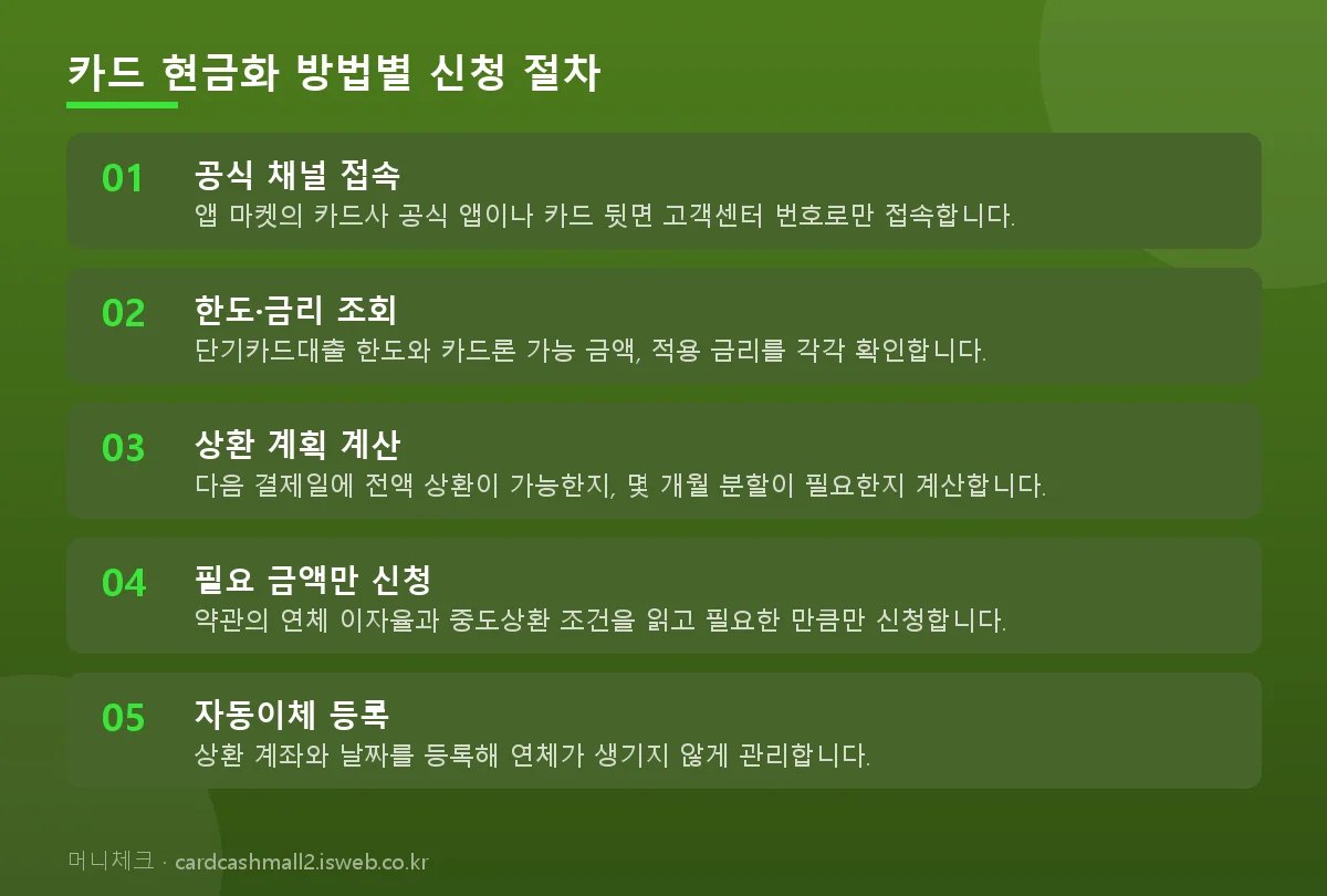 카드 현금화 방법별 신청 절차 단계를 순서대로 정리한 그림