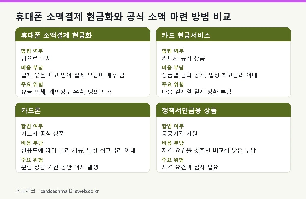 휴대폰 소액결제 현금화 휴대폰 소액결제 현금화와 공식 소액 마련 방법 비교